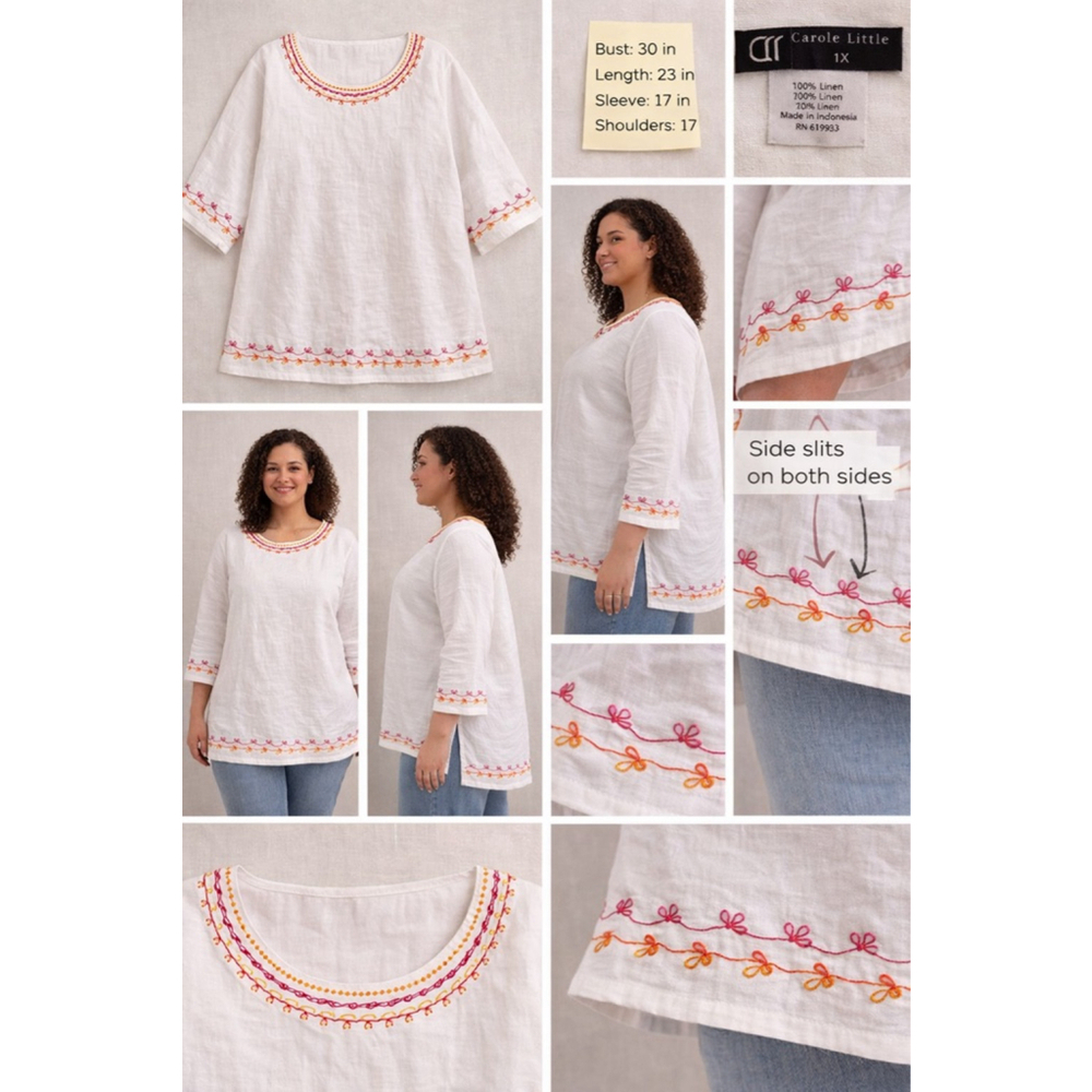 Carole Little 1X White Linen Embroidered Tunic Top Boho Side Slits - Picture 5 of 12